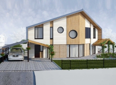 Einzelne energieeffiziente Haus auf dem Land Dorf. Moskau Region.